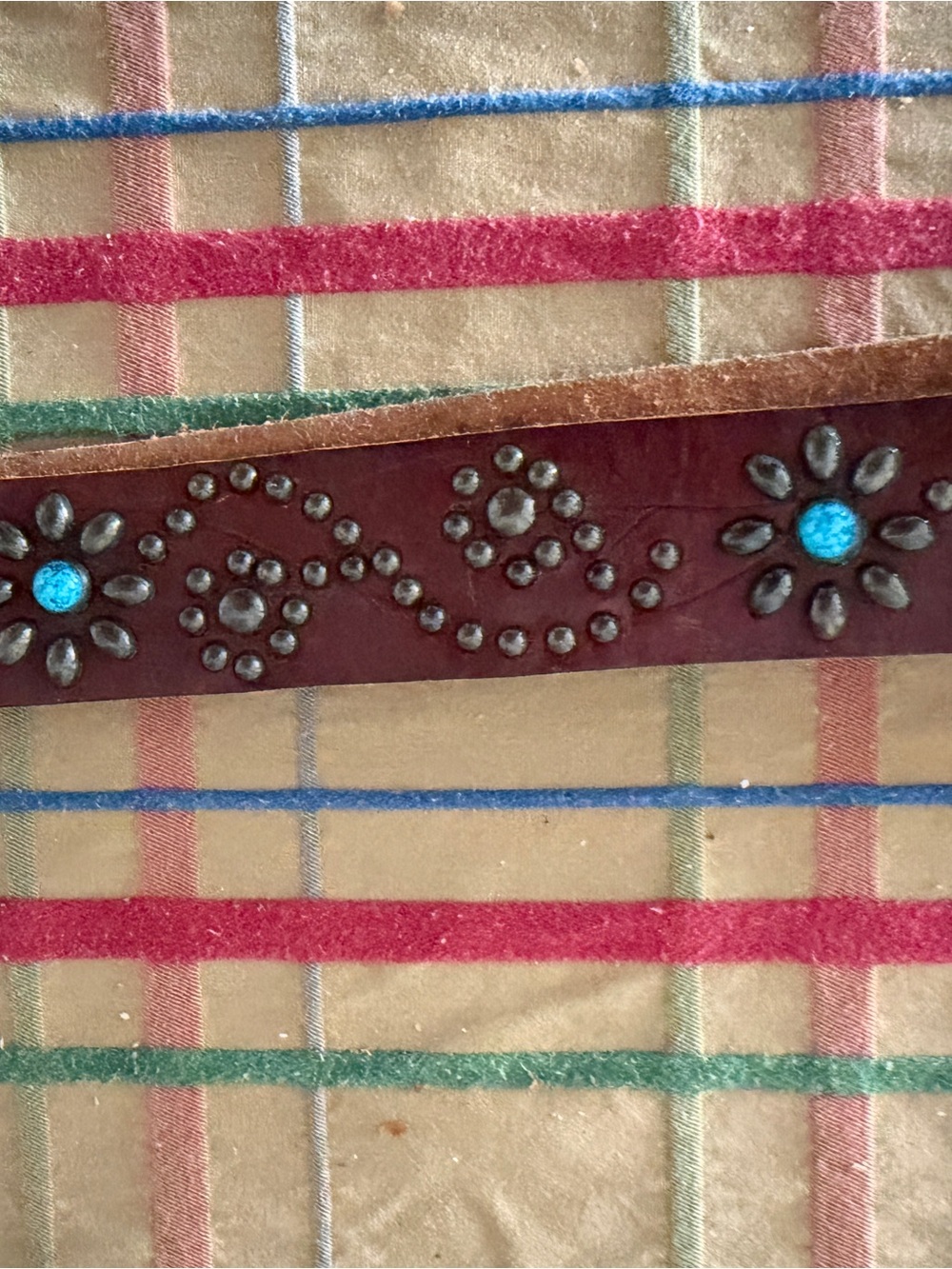 Women's Studded Leather Belt with Turquoise Accents - Brown - Picture 2 of 8
